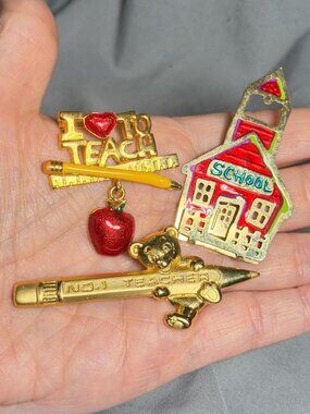 Vintage Teacher Brooch Set JJ Pencil Schoolhouse I Love To Teach Pins